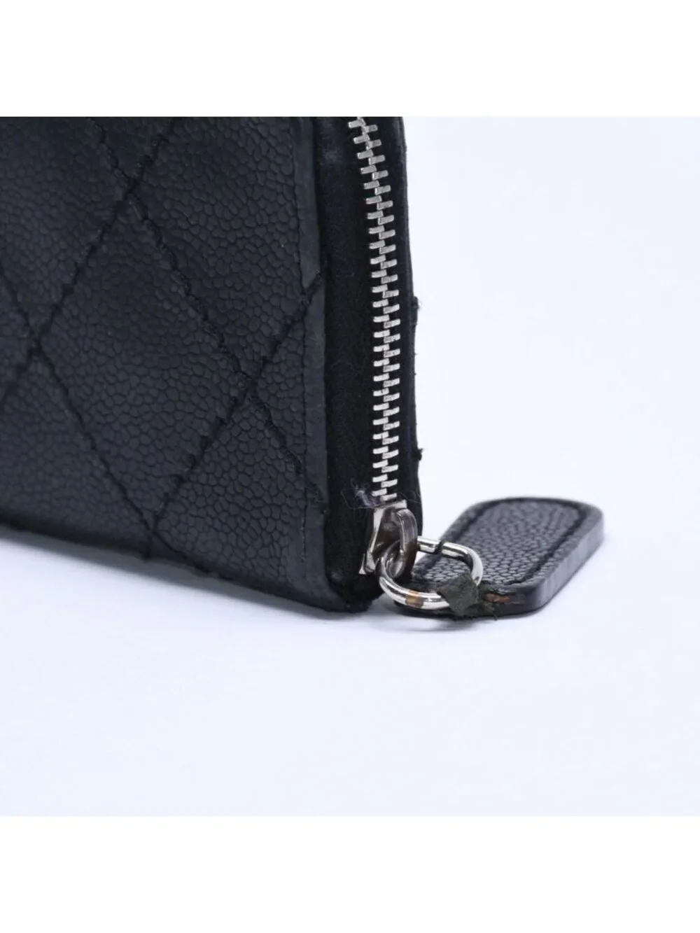 Chanel Leather Wallet Card Case CC Logo Wild Stitch Caviar Black Silver